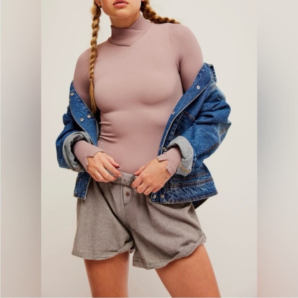 NWOT Free People Intimately XYZ Mock Neck Mauve Long Sleeve Bodysuit Size XS/S